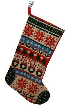 Vintage Style Noel Christmas Stocking Festive Pattern Red Green Cream 17" #D-20
